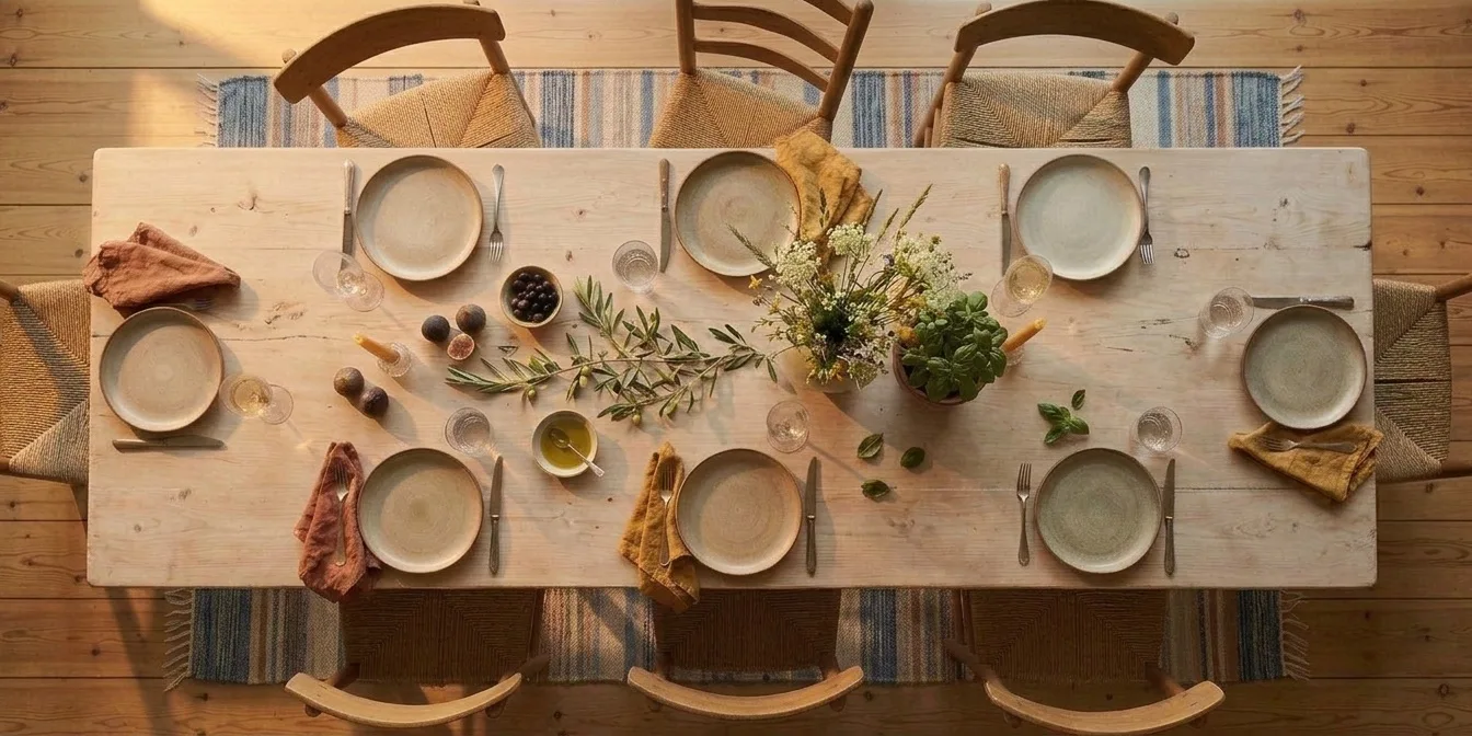 Langbord dekket med tomme tallerkener, blomster og oliven, sett ovenfra
